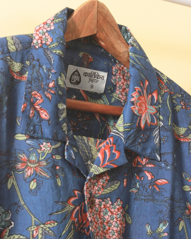 Blue Floral Print Cuban Collar Shirt