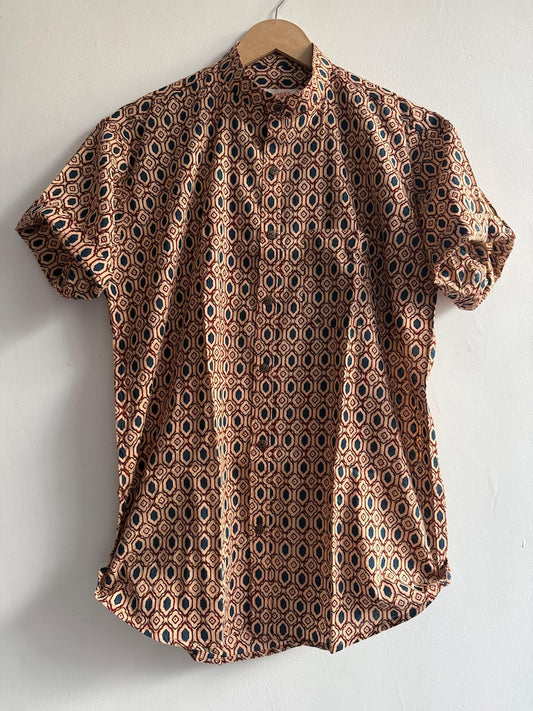 Ajrakh Print Men's Half Sleeves Cotton Shirt -Mandarin