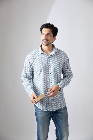 Small Elephant Print Grey Cotton Shirt For Men