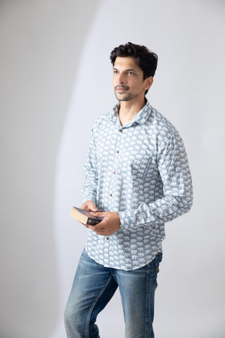 Small Elephant Print Grey Cotton Shirt For Men