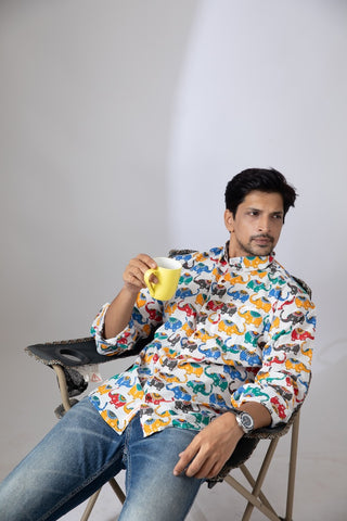 Quirky Traditional Elephant Print Cotton Shirt for Men