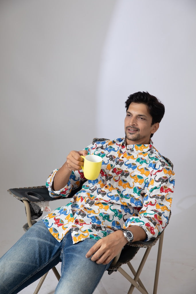 Quirky Traditional Elephant Print Cotton Shirt for Men