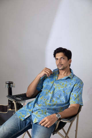 Half Sleeve Hand Block Blue Shirt for Men