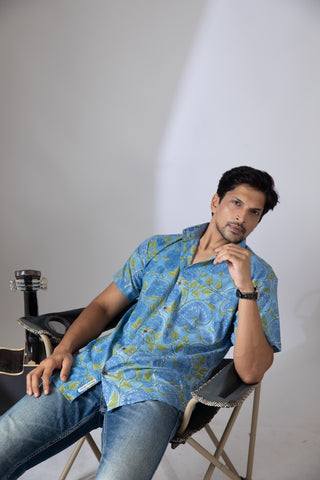 Half Sleeve Hand Block Blue Shirt for Men