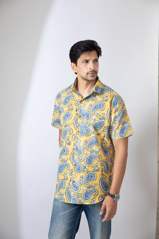 Yellow Half Sleeve Traditional Paisley Print Shirt Men
