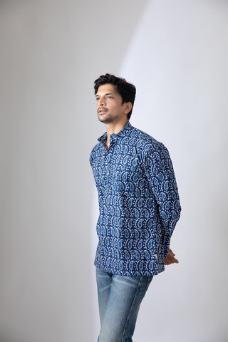 Natural Indigo Print Cotton Classic Short Kurta for Men