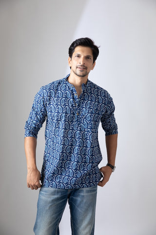 Natural Indigo Print Cotton Classic Short Kurta for Men
