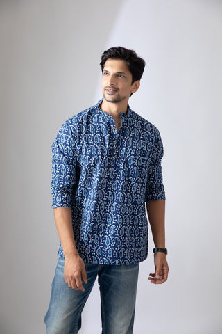 Natural Indigo Print Cotton Classic Short Kurta for Men