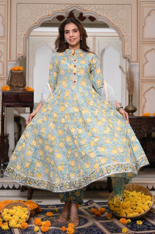 New Collection of Bagru Handblock Printed Anarkali Set With Mulmul Duptta (92*80)