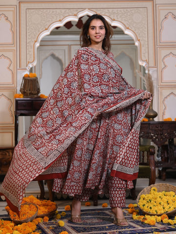 New Collection of Bagru Handblock Printed Anarkali Set With Mulmul Duptta