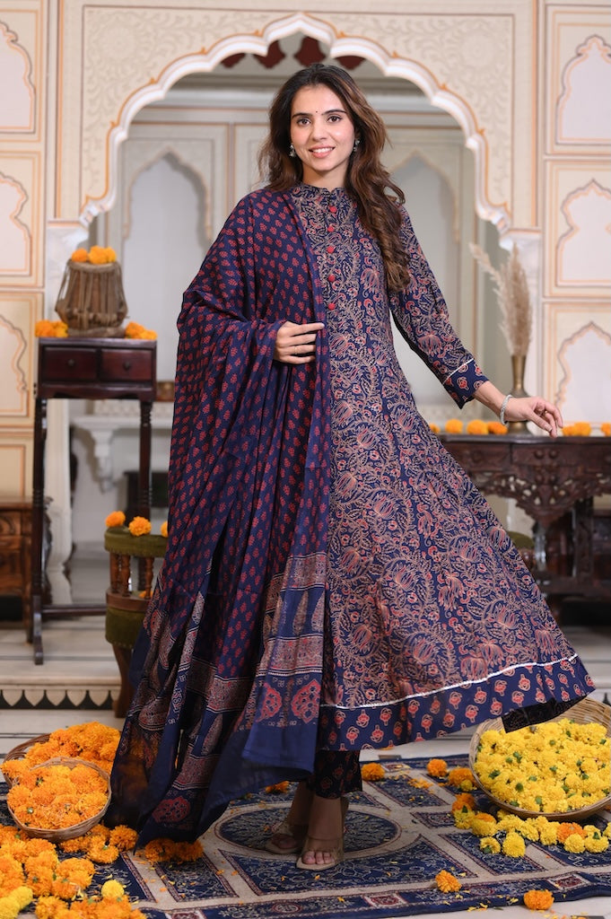 New Collection of Bagru Handblock Printed Anarkali Set With Mulmul Duptta