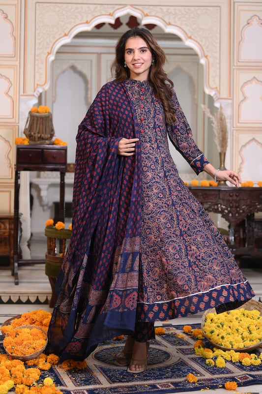 New Collection of Bagru Handblock Printed Anarkali Set With Mulmul Duptta
