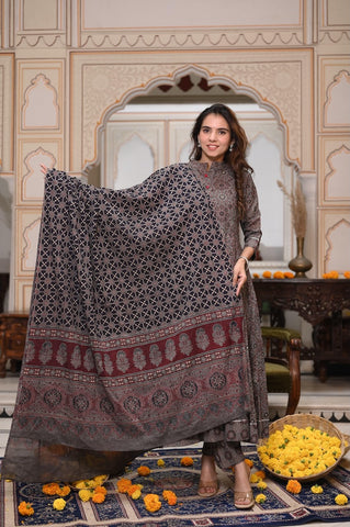 New Collection of Bagru Handblock Printed Anarkali Set With Mulmul Duptta