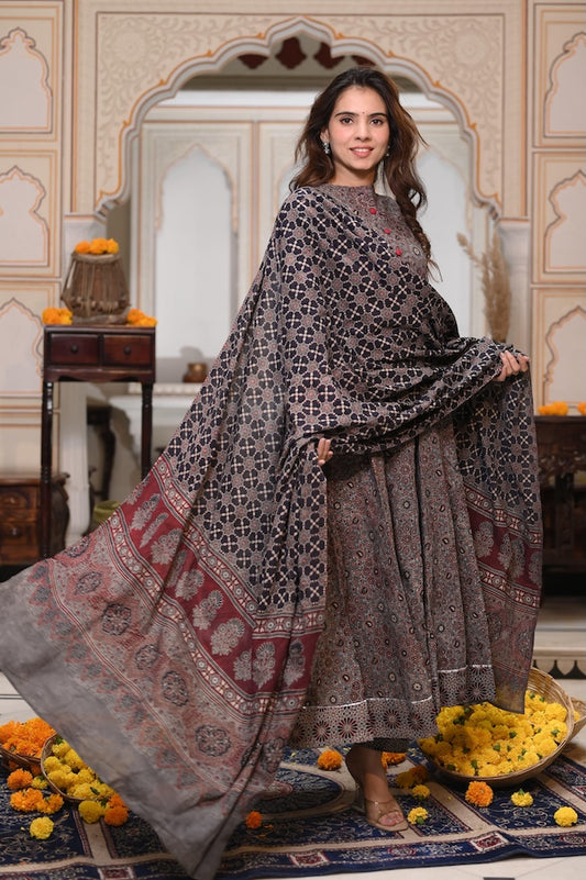 New Collection of Bagru Handblock Printed Anarkali Set With Mulmul Duptta