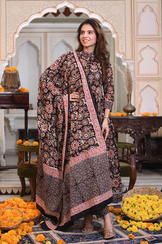New Collection of Bagru Handblock Printed Anarkali Set With Mulmul Duptta