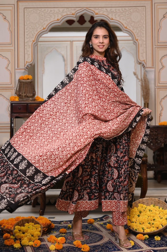 New Collection of Bagru Handblock Printed Anarkali Set With Mulmul Duptta