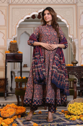 New Collection of Bagru Handblock Printed Anarkali Set With Mulmul Duptta