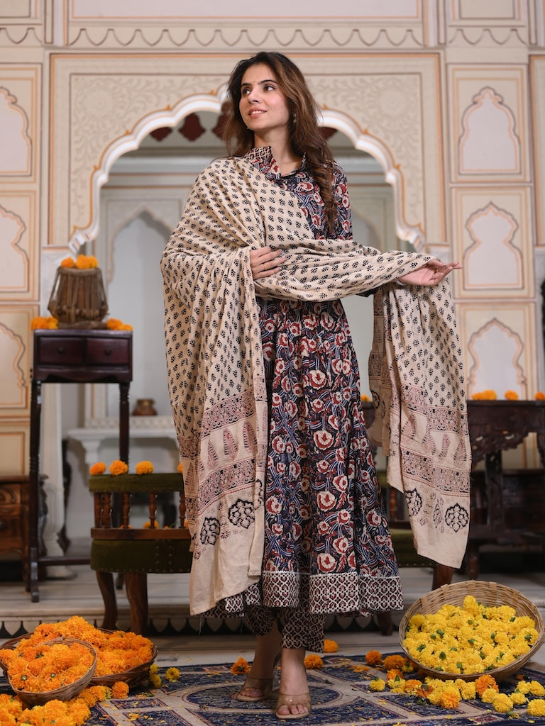 New Collection of Bagru Handblock Printed Anarkali Set With Mulmul Duptta