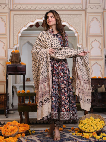 New Collection of Bagru Handblock Printed Anarkali Set With Mulmul Duptta