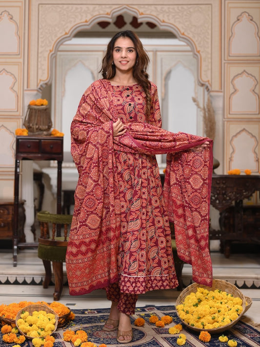 New Collection of Bagru Handblock Printed Anarkali Set With Mulmul Duptta