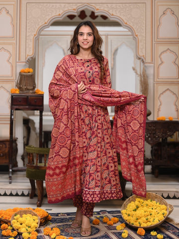 New Collection of Bagru Handblock Printed Anarkali Set With Mulmul Duptta