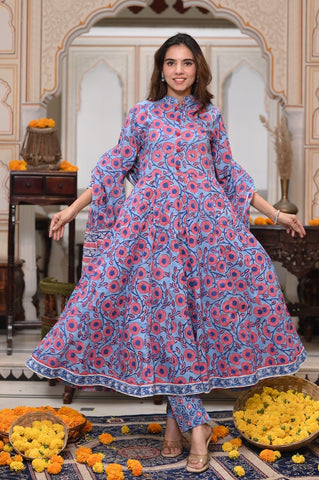 New Collection of Bagru Handblock Printed Anarkali Set With Mulmul Duptta