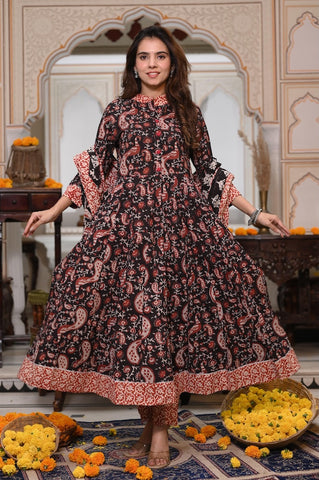 New Collection of Bagru Handblock Printed Anarkali Set With Mulmul Duptta
