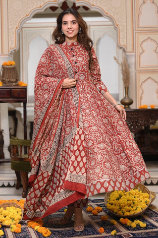 New Collection of Bagru Handblock Printed Anarkali Set With Mulmul Duptta