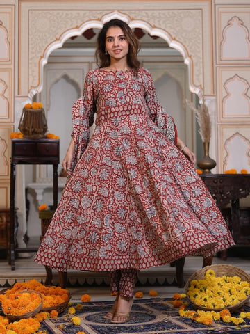 New Collection of Bagru Handblock Printed Anarkali Set With Mulmul Duptta