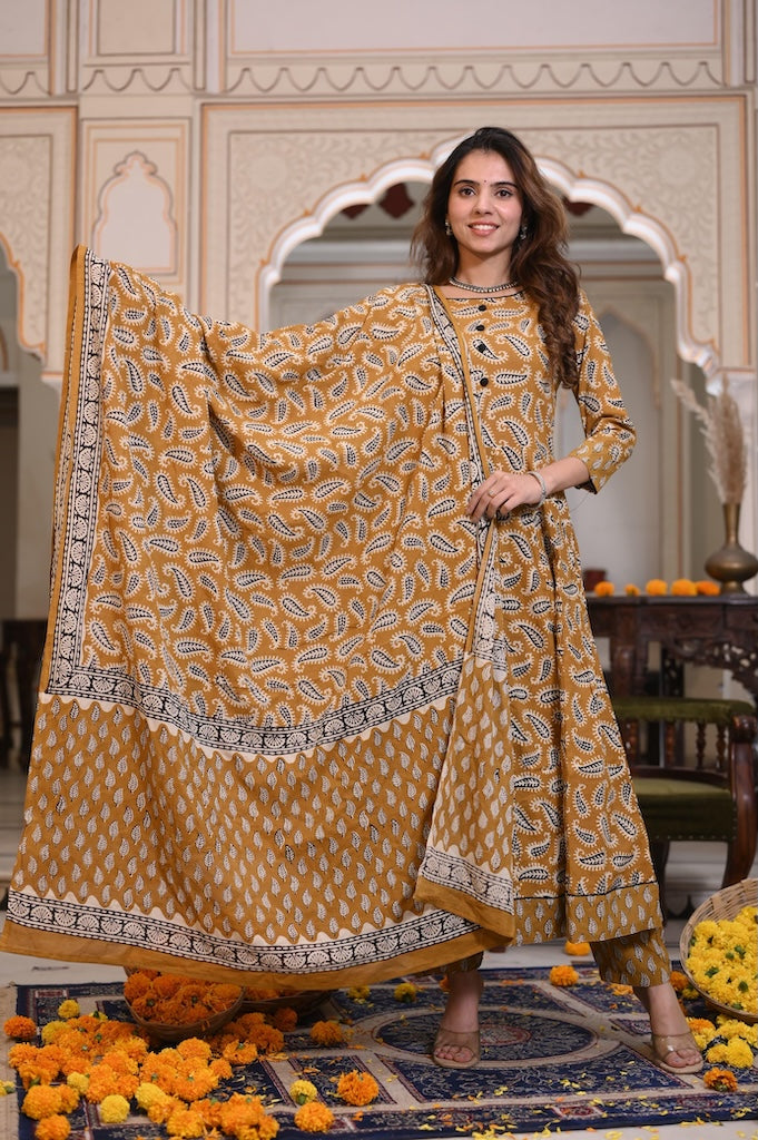 New Collection of Bagru Handblock Printed Anarkali Set With Mulmul Duptta