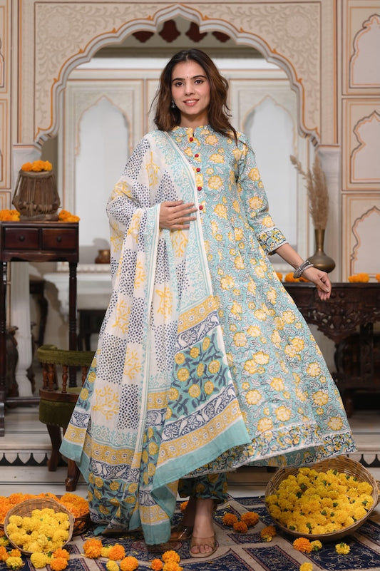 New Collection of Bagru Handblock Printed Anarkali Set With Mulmul Duptta (92*80)