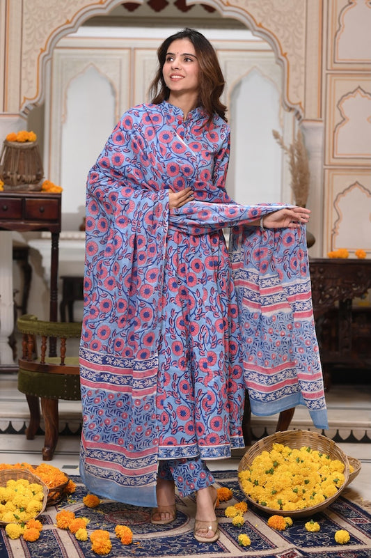 New Collection of Bagru Handblock Printed Anarkali Set With Mulmul Duptta