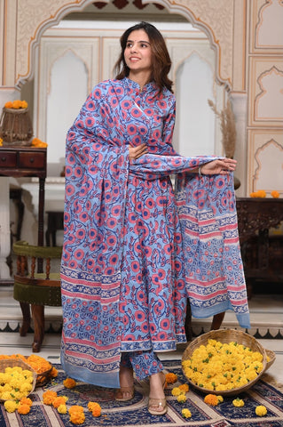 New Collection of Bagru Handblock Printed Anarkali Set With Mulmul Duptta