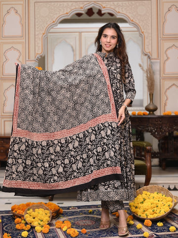 New Collection of Bagru Handblock Printed Anarkali Set With Mulmul Duptta