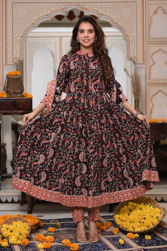New Collection of Bagru Handblock Printed Anarkali Set With Mulmul Duptta