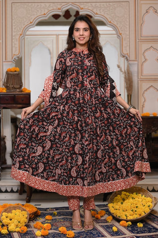 New Collection of Bagru Handblock Printed Anarkali Set With Mulmul Duptta