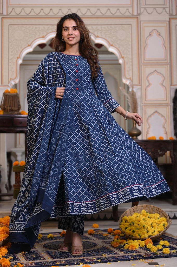 New Collection of Bagru Handblock Printed Anarkali Set With Mulmul Duptta