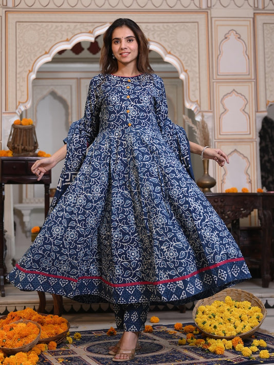 New Collection of Bagru Handblock Printed Anarkali Set With Mulmul Duptta