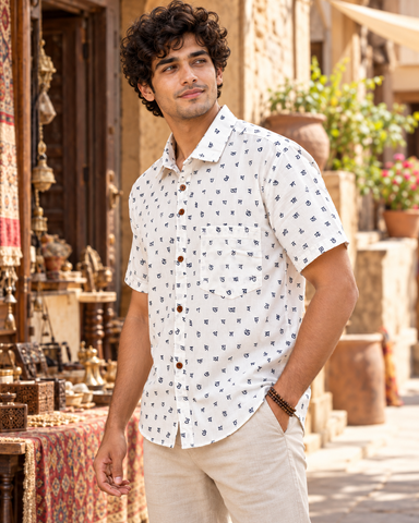 Classic Assamese Alphabet Block Print Cotton Shirt - Organic
