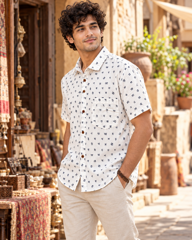 Classic Assamese Alphabet Block Print Cotton Shirt - Organic