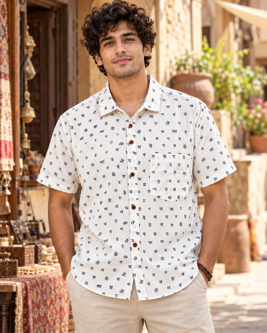 Classic Assamese Alphabet Block Print Cotton Shirt - Organic