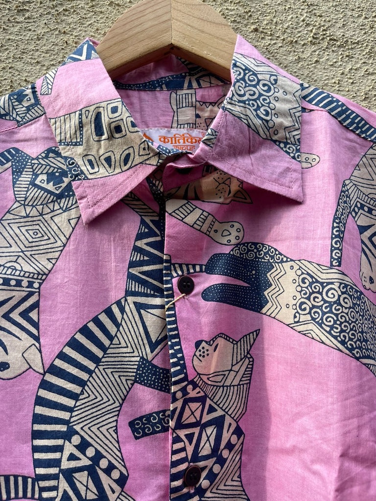 Sphynx Cat Print Cotton Pink Shirt for Men