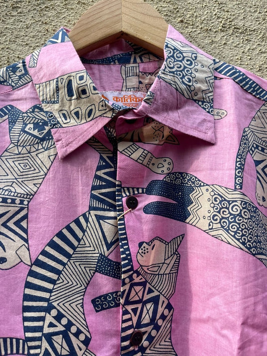 Sphynx Cat Print Cotton Pink Shirt for Men