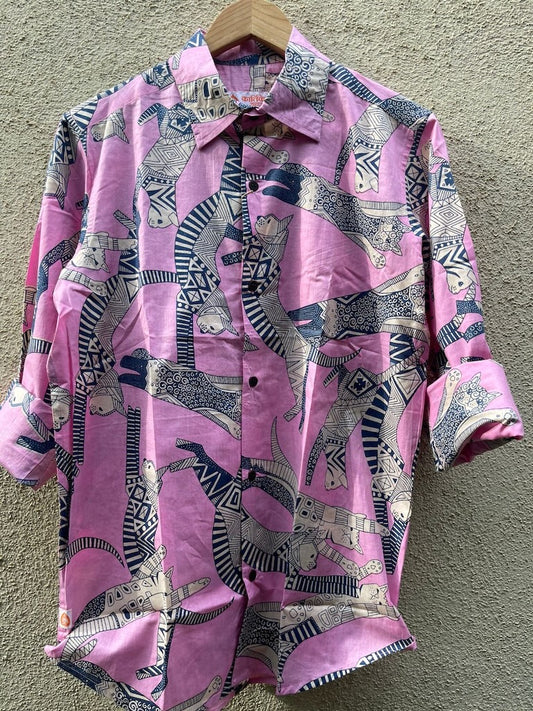 Sphynx Cat Print Cotton Pink Shirt for Men