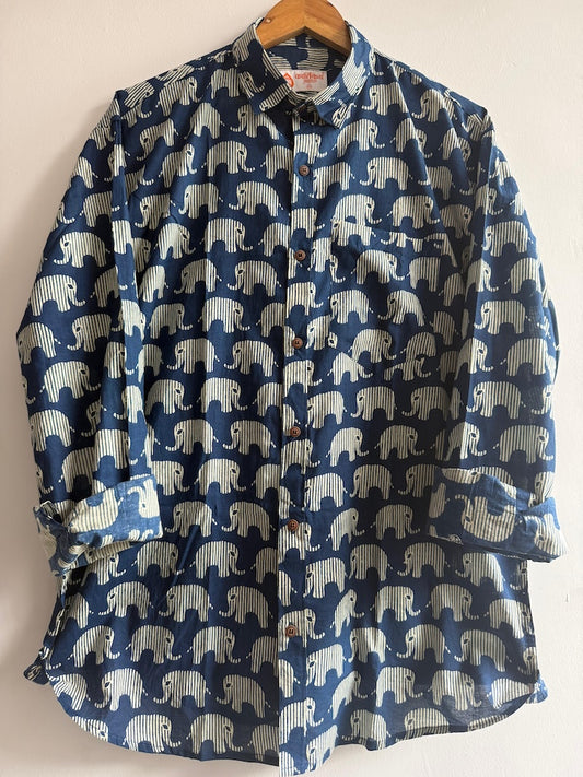 Indigo Print Cotton Mens Full Sleeves Shirt - Ganesha Special