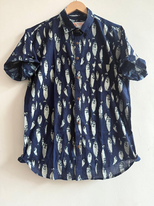 Natural Indigo Fish Print Men's Shirt