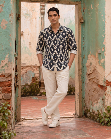 Black Ikat Geometric Print Men's Shirt