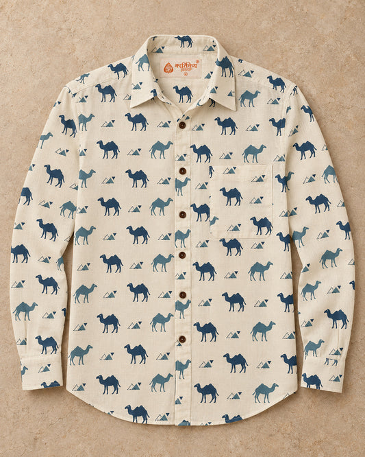Camel Hand Block Printed Men' Shirt Full Sleeves