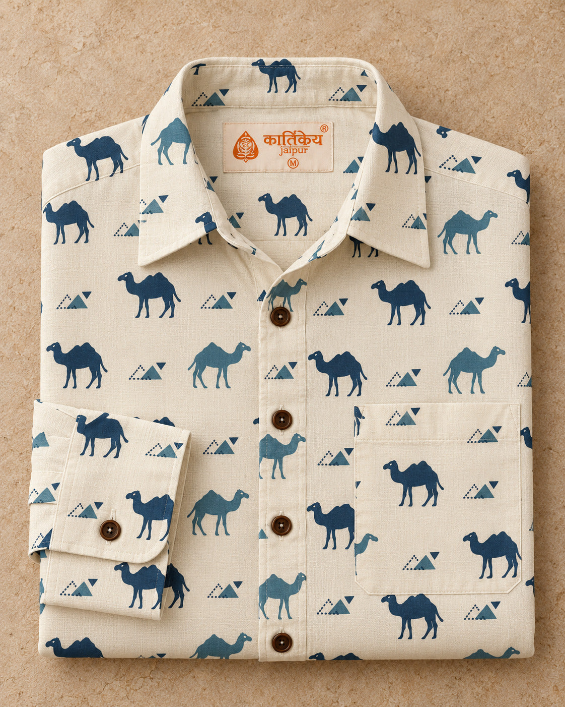 Camel Hand Block Printed Men' Shirt Full Sleeves