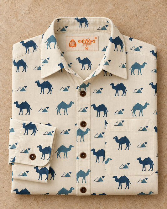 Camel Hand Block Printed Men' Shirt Full Sleeves